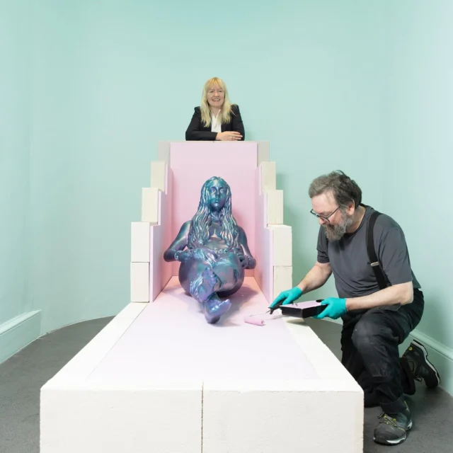 Mary Cremin, Head of Programming, IMMA (Irish Museum of Modern Art) pictured at the installation of Poor Auld Anna Livia by artist Michelle Malone from Oliver Bond St – a life-size 3d print of a model posed as the Anna Livia statue. The artwork is part of the new group exhibition, Staying with the Trouble, showcasing the work of 40 artists exploring urgent themes of our time opening at IMMA on Friday 2 May 2025. Admission free. Visit imma.ie #imma